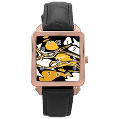 Black Yellow White Abstract Art Rose Gold Leather Watch  by SpinnyChairDesigns