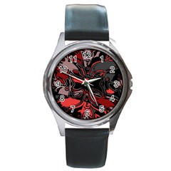 Red Black Grey Abstract Art Round Metal Watch by SpinnyChairDesigns