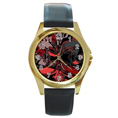 Red Black Grey Abstract Art Round Gold Metal Watch by SpinnyChairDesigns