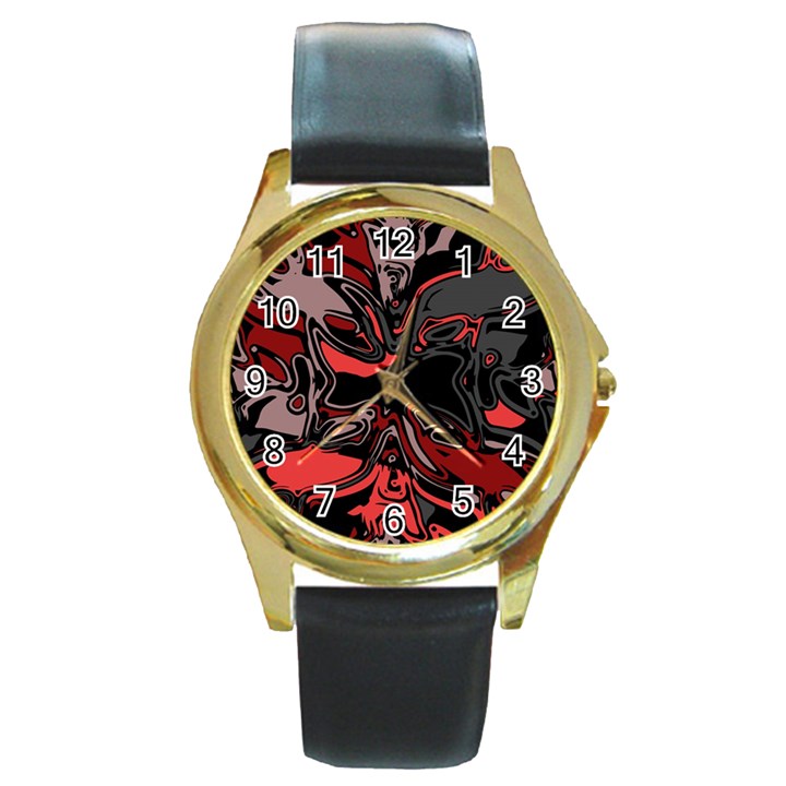 Red Black Grey Abstract Art Round Gold Metal Watch