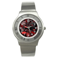 Red Black Grey Abstract Art Stainless Steel Watch by SpinnyChairDesigns