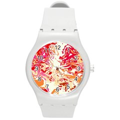 Red Orange Abstract Art Round Plastic Sport Watch (m) by SpinnyChairDesigns