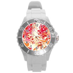 Red Orange Abstract Art Round Plastic Sport Watch (l) by SpinnyChairDesigns