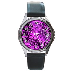 Magenta Black Abstract Art Round Metal Watch by SpinnyChairDesigns