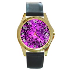 Magenta Black Abstract Art Round Gold Metal Watch by SpinnyChairDesigns