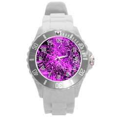 Magenta Black Abstract Art Round Plastic Sport Watch (l) by SpinnyChairDesigns