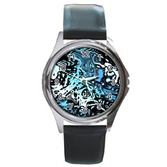 Black Blue White Abstract Art Round Metal Watch by SpinnyChairDesigns