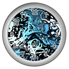 Black Blue White Abstract Art Wall Clock (silver) by SpinnyChairDesigns