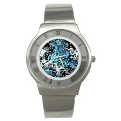 Black Blue White Abstract Art Stainless Steel Watch by SpinnyChairDesigns