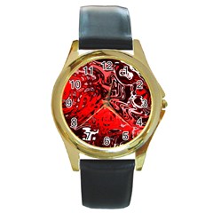 Red Black Abstract Art Round Gold Metal Watch by SpinnyChairDesigns