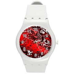 Red Black Abstract Art Round Plastic Sport Watch (m) by SpinnyChairDesigns