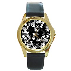 Black And White Jigsaw Puzzle Pattern Round Gold Metal Watch by SpinnyChairDesigns