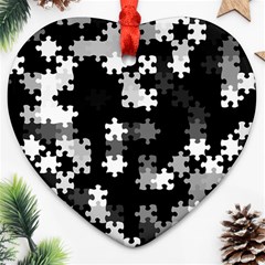 Black And White Jigsaw Puzzle Pattern Heart Ornament (two Sides) by SpinnyChairDesigns