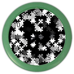 Black And White Jigsaw Puzzle Pattern Color Wall Clock by SpinnyChairDesigns