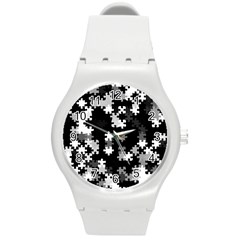 Black And White Jigsaw Puzzle Pattern Round Plastic Sport Watch (m) by SpinnyChairDesigns