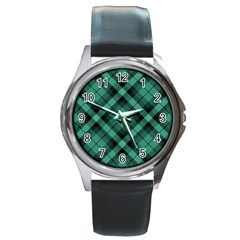 Biscay Green Black Plaid Round Metal Watch