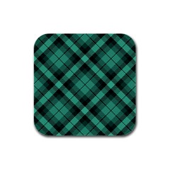 Biscay Green Black Plaid Rubber Square Coaster (4 Pack)  by SpinnyChairDesigns