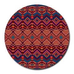 Boho Light Brown Blue Pattern Round Mousepads by SpinnyChairDesigns