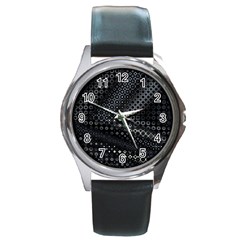 Black Abstract Pattern Round Metal Watch by SpinnyChairDesigns