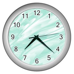 Biscay Green White Feathered Swoosh Wall Clock (silver) by SpinnyChairDesigns