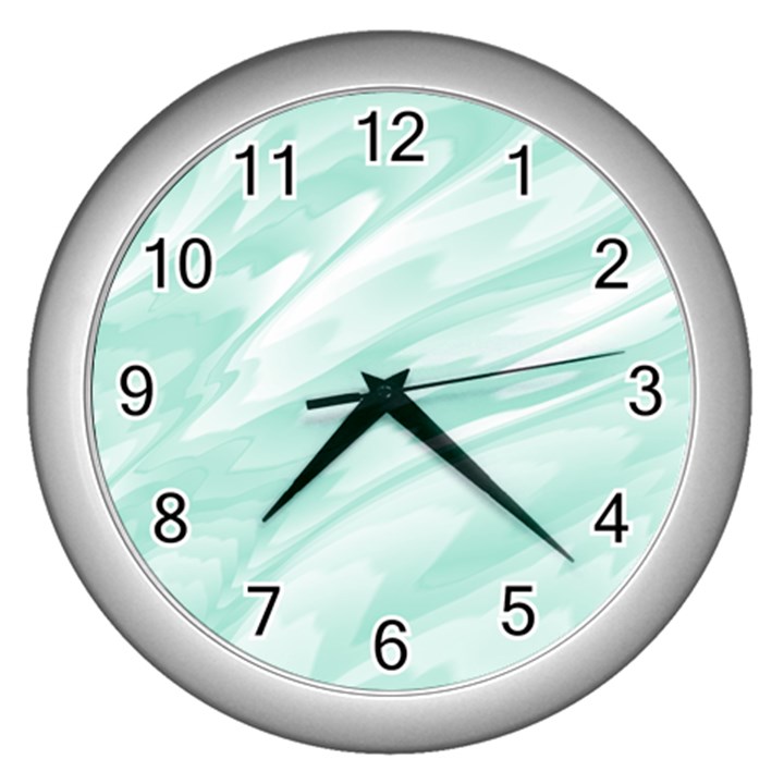 Biscay Green White Feathered Swoosh Wall Clock (Silver)