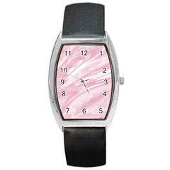 Pastel Pink Feathered Pattern Barrel Style Metal Watch by SpinnyChairDesigns