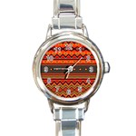 Boho Orange Tribal Pattern Round Italian Charm Watch Front