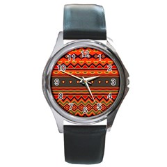 Boho Orange Tribal Pattern Round Metal Watch by SpinnyChairDesigns