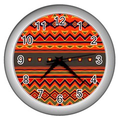 Boho Orange Tribal Pattern Wall Clock (silver) by SpinnyChairDesigns