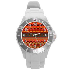 Boho Orange Tribal Pattern Round Plastic Sport Watch (l) by SpinnyChairDesigns