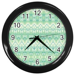 Boho Biscay Green Pattern Wall Clock (black) by SpinnyChairDesigns