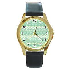 Boho Biscay Green Pattern Round Gold Metal Watch by SpinnyChairDesigns