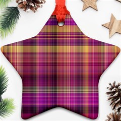 Magenta Gold Madras Plaid Ornament (star) by SpinnyChairDesigns