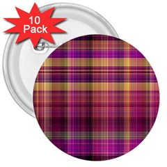 Magenta Gold Madras Plaid 3  Buttons (10 Pack)  by SpinnyChairDesigns