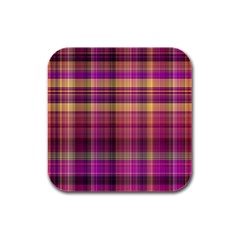 Magenta Gold Madras Plaid Rubber Square Coaster (4 Pack)  by SpinnyChairDesigns