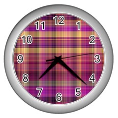 Magenta Gold Madras Plaid Wall Clock (silver) by SpinnyChairDesigns