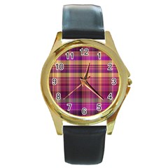 Magenta Gold Madras Plaid Round Gold Metal Watch by SpinnyChairDesigns