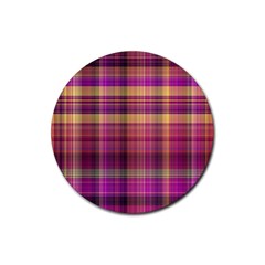 Magenta Gold Madras Plaid Rubber Coaster (round)  by SpinnyChairDesigns