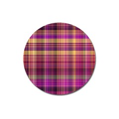 Magenta Gold Madras Plaid Magnet 3  (round) by SpinnyChairDesigns