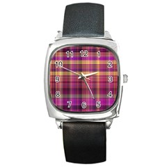 Magenta Gold Madras Plaid Square Metal Watch by SpinnyChairDesigns