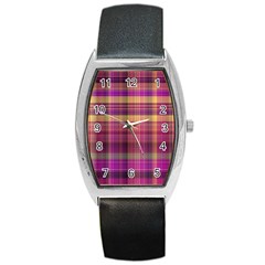 Magenta Gold Madras Plaid Barrel Style Metal Watch by SpinnyChairDesigns