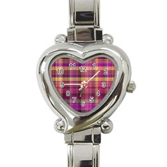 Magenta Gold Madras Plaid Heart Italian Charm Watch by SpinnyChairDesigns