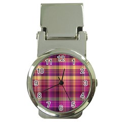 Magenta Gold Madras Plaid Money Clip Watches by SpinnyChairDesigns