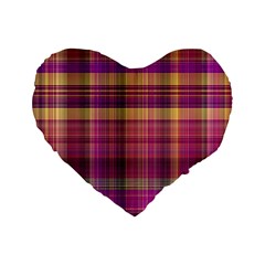 Magenta Gold Madras Plaid Standard 16  Premium Heart Shape Cushions by SpinnyChairDesigns