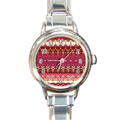 Boho Fuschia And Gold Pattern Round Italian Charm Watch by SpinnyChairDesigns