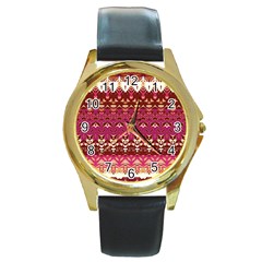 Boho Fuschia And Gold Pattern Round Gold Metal Watch by SpinnyChairDesigns