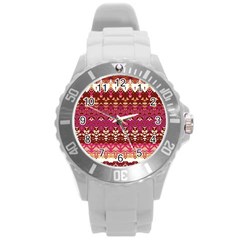 Boho Fuschia And Gold Pattern Round Plastic Sport Watch (l) by SpinnyChairDesigns