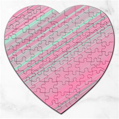 Turquoise And Pink Striped Jigsaw Puzzle (heart) by SpinnyChairDesigns