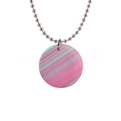 Turquoise And Pink Striped 1  Button Necklace by SpinnyChairDesigns