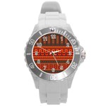 Boho Aztec Rust Orange Color Stripes Round Plastic Sport Watch (L) Front